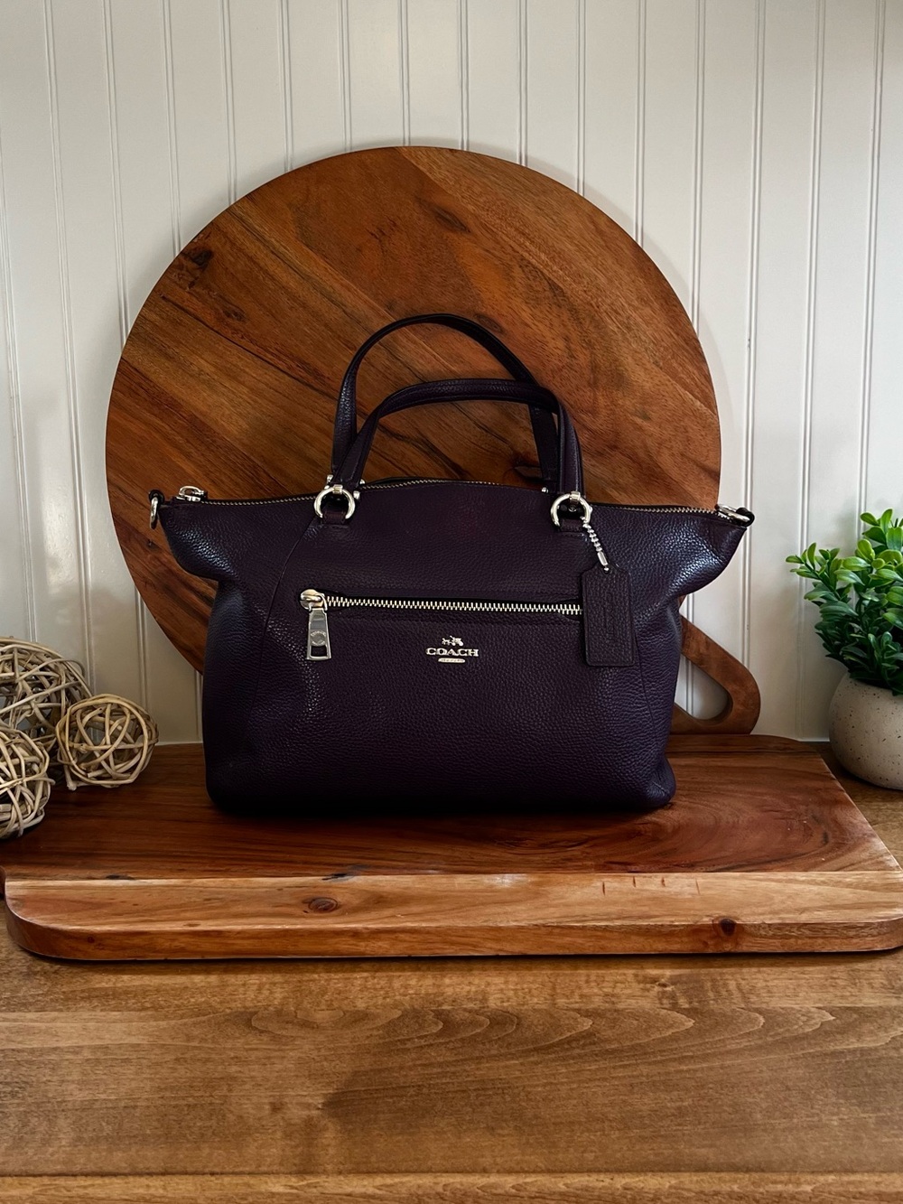 Coach Pebbled Leather Satchel in Deep Plum